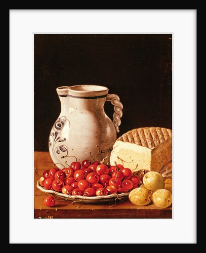 Still Life with cherries, cheese and greengagese, 18th century by Luis Egidio Menendez or Melendez