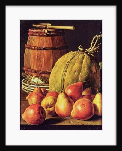 Still Life with pears, melon and barrel for marinading by Luis Egidio Menendez or Melendez