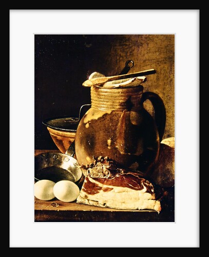 Still Life with ham, eggs, bread, frying pan and pitcher by Luis Egidio Menendez or Melendez