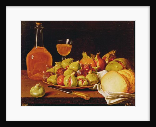 Still Life with a plate of figs and pomegranates, bread and wine by Luis Egidio Menendez or Melendez