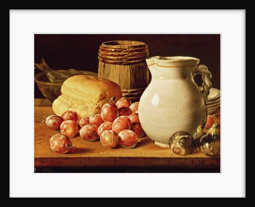 Still Life with plums, figs, bread and fish by Luis Egidio Menendez or Melendez