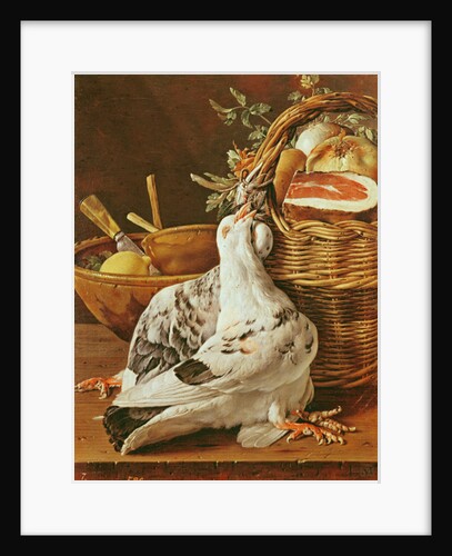 Still Life with pigeons, wicker basket, ham, onions and a lemon by Luis Egidio Menendez or Melendez
