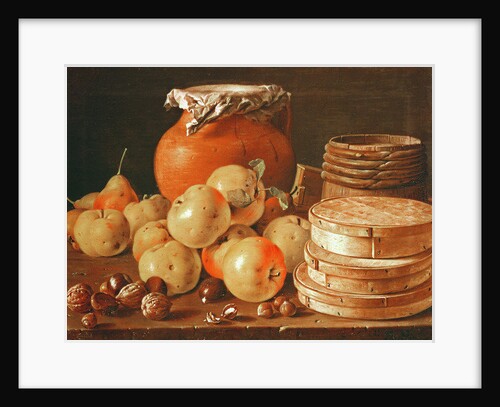 Still Life with apples, nuts, pears, and boxes of sweets by Luis Egidio Menendez or Melendez