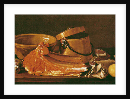 Still Life with meat, cooking pots, chickpeas, a lemon and garlic by Luis Egidio Menendez or Melendez