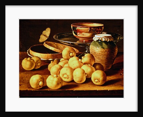 Still life with quinces, a silver fruit dish, bowls. a box for sweets and a butterfly by Luis Egidio Menendez or Melendez