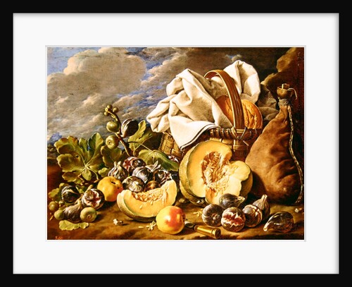 Still Life with figs, wicker basket, pumpkin, bread, wine skin and knife by Luis Egidio Menendez or Melendez
