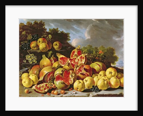 Still Life with pomegranates, apples, cherries and grapes by Luis Egidio Menendez or Melendez