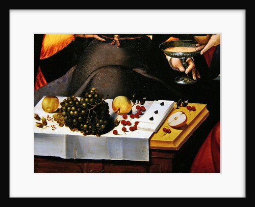 Fruits, playing cards and cup of a gallant scene. Detail of The Prodigal Child in Courtesanes by Flemish School