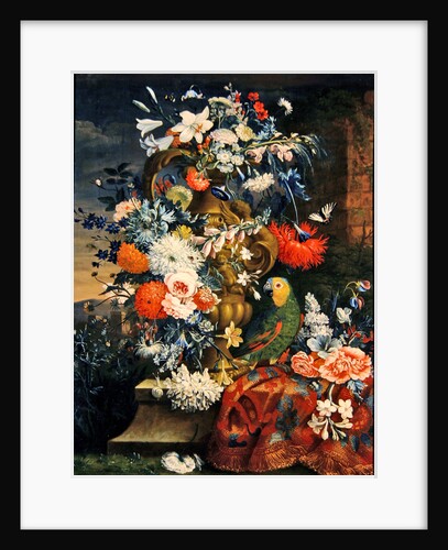 Bouquet of flowers and a parrot by Jean Picart
