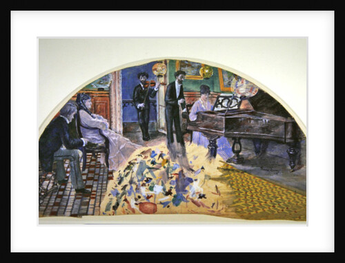 Draft for a fan depicting the lounge of Nina de Callias with Callias at the piano, Ernest Cabaner standing next to her and Charles Cros on the violin, c.1875-77 by Pierre Franc Lamy