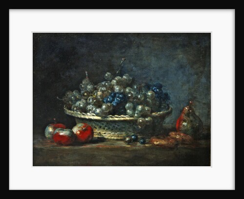 Still life: grape basket with three apples, a pear and two marzipans, 1764 by Jean-Baptiste Simeon Chardin