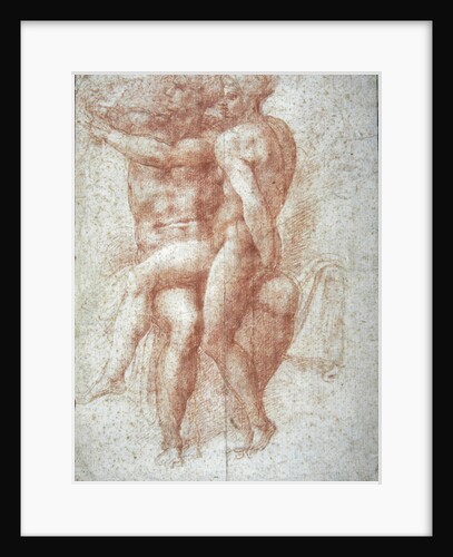 Nude female seated on the knees of a seated male nude: Adam and Eve by Michelangelo Buonarroti