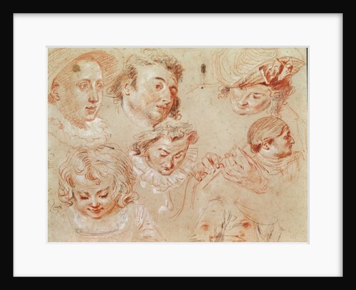 Six heads and two hands playing a musical instrument by Jean Antoine Watteau