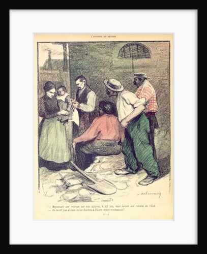 Group of workers discussing retirement at the age of 65 and tax deductions on salary to fund state pensions by Aristide Delannoy