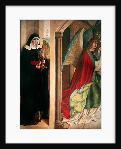 The Annunciation with St. Clare of Assisi, left panel of the retable when closed, 1480 by Master of the Carnation