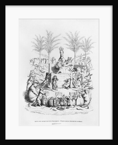 After having a glass of sugar water, the famous orator comes down the platform by Grandville