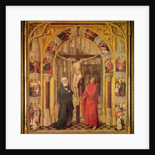Christ on the Cross, with the Virgin Mary and Saint John under an archway with Gothic tracery leading to a church, central panel from the Redemption Triptych, c.1460 by Vrancke van der Stockt