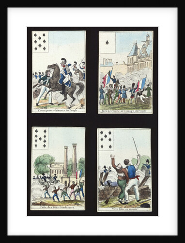 Four cards from a pack illustrated with propaganda scenes from the 1830 Revolution, Paris, 1831 by French School