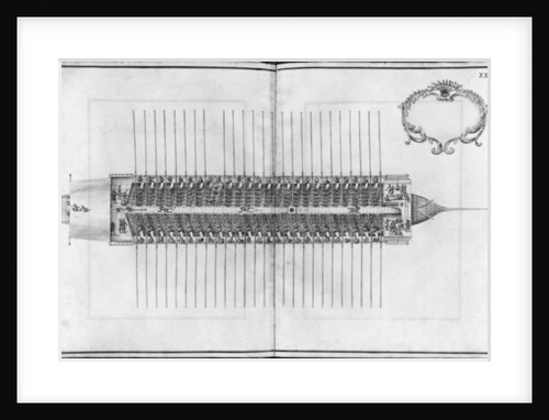 uilding, equipping and launching of a galley, view from above of a galle by French School
