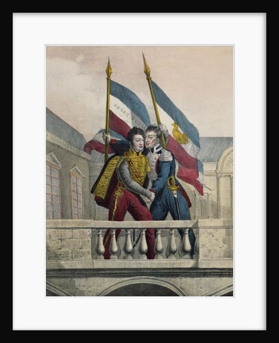 The Duke of Orleans embracing General La Fayette and raising the national colours on the terrace of the Palais-Royal, 30th July 1830 by Labastide