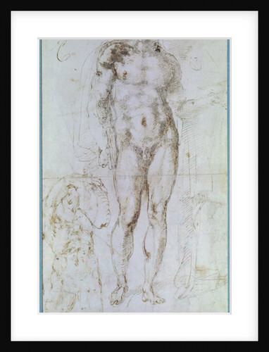 Study for Apollo standing nude with a cloak draped over his shoulders and the figure of a man carrying a burden by Michelangelo Buonarroti