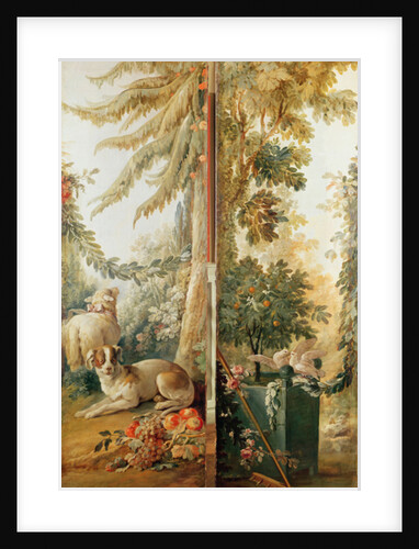 Salon of the print-maker Gilles Demarteau, two panels 1. dog and sheep 2. planted Orange tree with pecking doves by Jean-Baptiste Huet