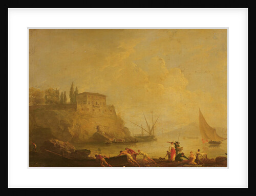 Seascape, sun set: fishermen pushing out a boat by Claude Joseph Vernet