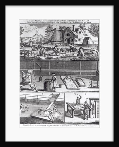 The First Plate of the Woollen Manufacture Exhibiting the Art of Sheep Shearing The Washing The Beating and The Combing of Wool by English School