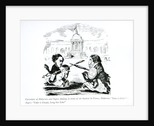 Caricature of Delacroix and Ingres duelling in front of the Institut de France, c.1828 by French School