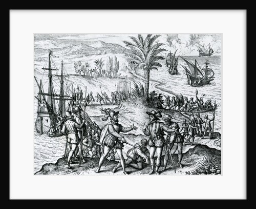 Francisco de Bobadilla arriving as Governor and arresting Christopher Columbus in Hispaniola, 1500, 1590 by Theodor de Bry