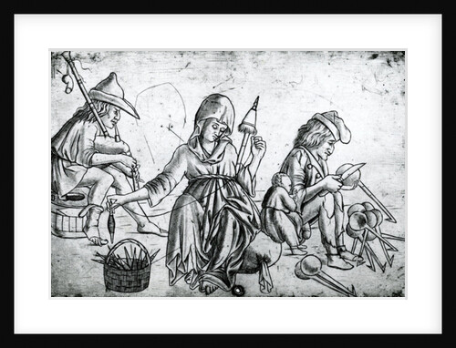 Scene with a musician playing the bagpipes, a woman spinning and a man carving spoons by Anonymous Anonymous