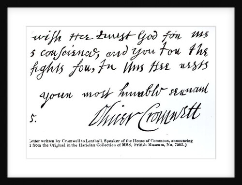 Signature of Oliver Cromwell, from a handwritten letter to Lenthall, Speaker of the House of Commons by English School