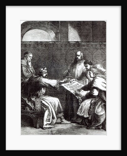 King John refusing to sign Magna Charta when first presented to him, 1215 by English School
