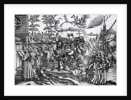 Martin Luther writing on the church door at Wittenberg in 1517 by German School
