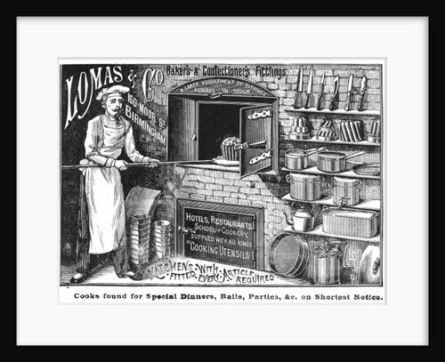 Advertisement for Lomas and Co., suppliers of kitchen equipment by English School