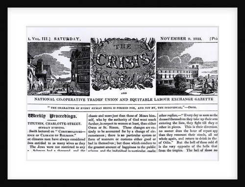 Front page of the 'National Co-operative Trades' Union and Equitable Labour Exchange Gazette', 9 November 1833 by English School
