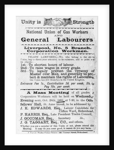 Declaration of the National Union of Gas Workers and General Workers, 1891 by English School