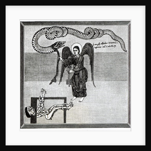 The Angel, holding the Keys of Hell, enchains the Devil, in the shape of a Dragon, in the Pit by Spanish School