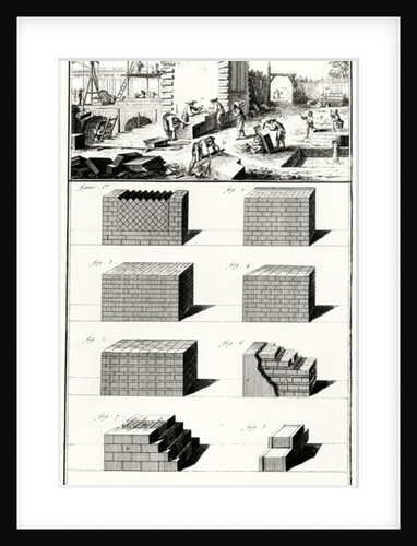 Stonemasons at work and various examples of wall-building techniques by Prevost