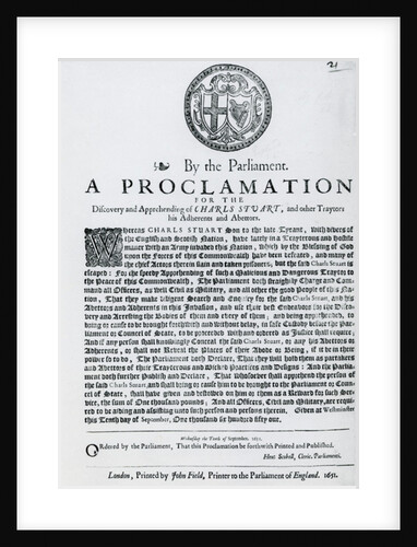 A Proclamation by the Parliament for the Discovery and Apprehending of Charles Stuart and other Traitors, Abdherents and Abettors, published 1651 by English School