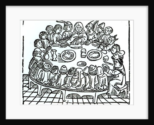 The Canterbury Pilgrims sitting down for a shared meal by English School
