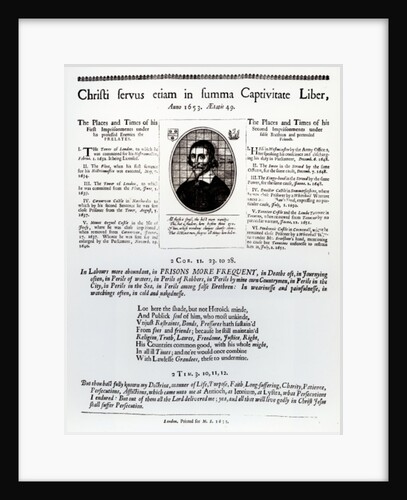 Christi Servus Etiam in Summa Captivitate Liber: a page from a broadsheet containing a list of places and times of John Lilburne's imprisonments. by English School