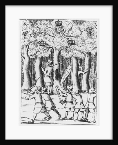 King Charles II hiding in an oak tree at Boscobel after his defeat at the Battle of Worcester in 1651. by English School