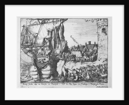 King James leaves Ireland after defeat at the Battle of the Boyne, 1690 by Adriaan Schoonebeek