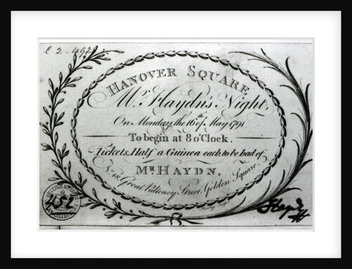 Ticket to 'Mr. Haydn's Night' in Hanover Square, 16th May 1791 by English School