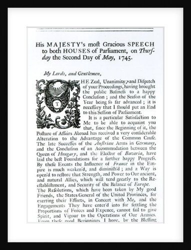 Royal Speech to both Houses of Parliament, 2nd May 1745 by English School