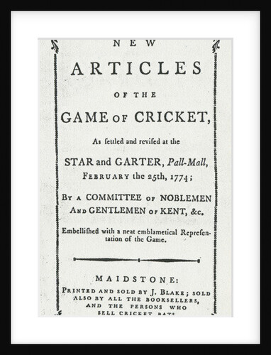 Titlepage of 'New Articles of the Game of Cricket', 1774 by English School