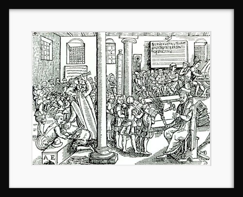 Schoolroom scene in Tudor times by English School