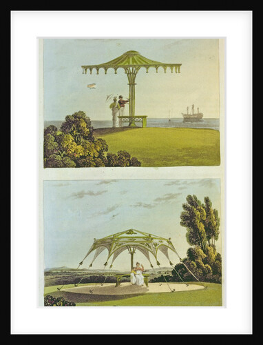 Two ornate covered garden seats from 'Repository of Arts', by Ackermann, 1822 by John Buonarotti Papworth