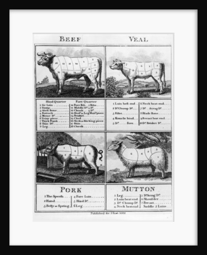 Beef, Veal, Pork, and Mutton Cuts, 1802 by English School